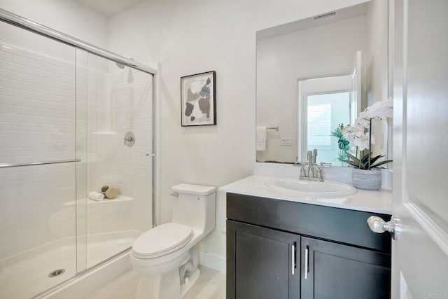 bathroom with visible vents, vanity, toilet, and a shower stall