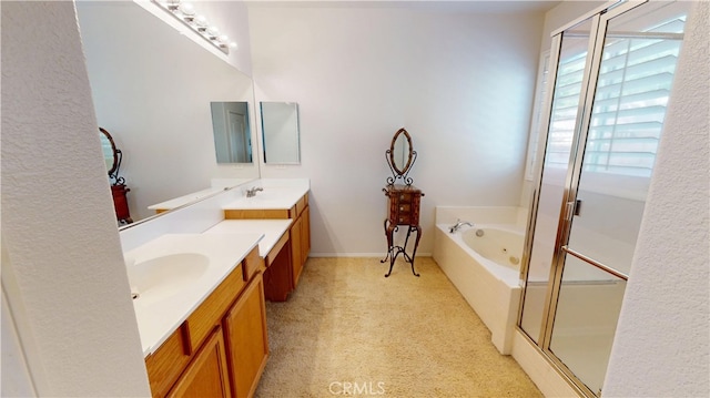 full bathroom featuring double vanity, a bath, carpet, a shower stall, and a sink