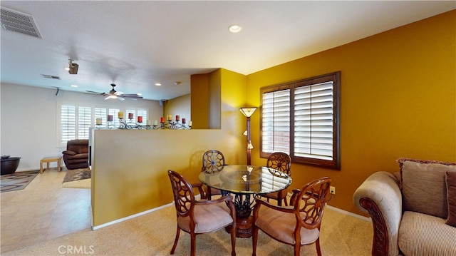 dining space featuring ceiling fan, recessed lighting, visible vents, and baseboards