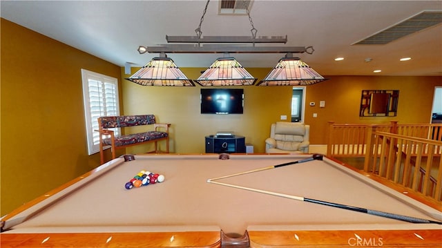 recreation room with billiards, visible vents, and recessed lighting