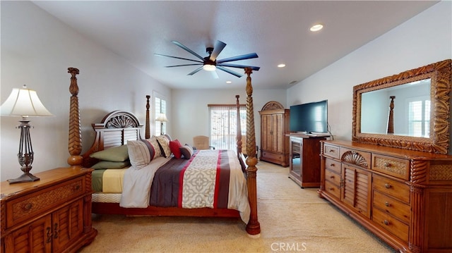 bedroom featuring recessed lighting, ceiling fan, and light colored carpet