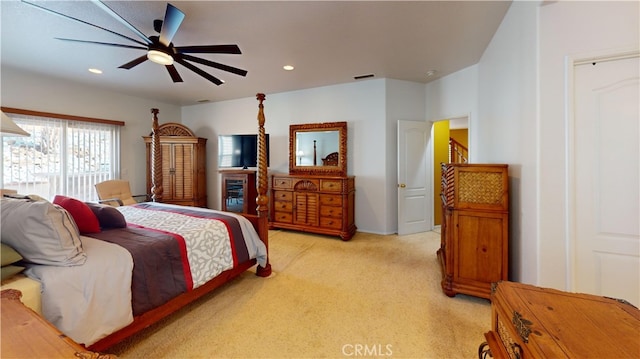 bedroom with recessed lighting, visible vents, ceiling fan, and light colored carpet