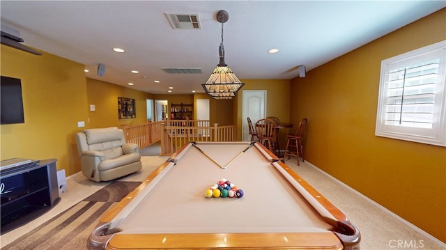 recreation room featuring baseboards, visible vents, carpet flooring, and recessed lighting