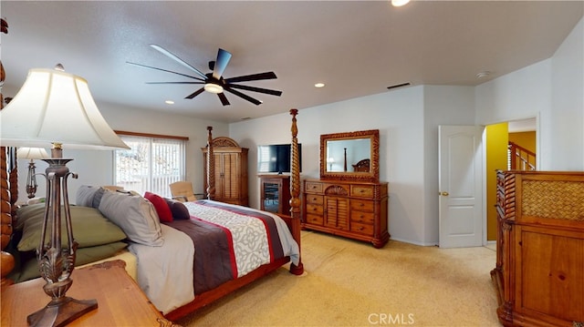 bedroom featuring a ceiling fan, recessed lighting, light colored carpet, and visible vents