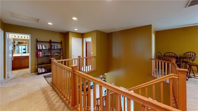 11318 Fitzpatrick Dr, Rancho Cucamonga, CA 91730 - hallway featuring an upstairs landing, light carpet, recessed lighting, and attic access