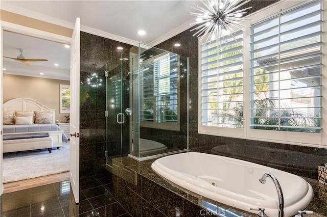 ensuite bathroom with a stall shower, granite finish floor, connected bathroom, and crown molding