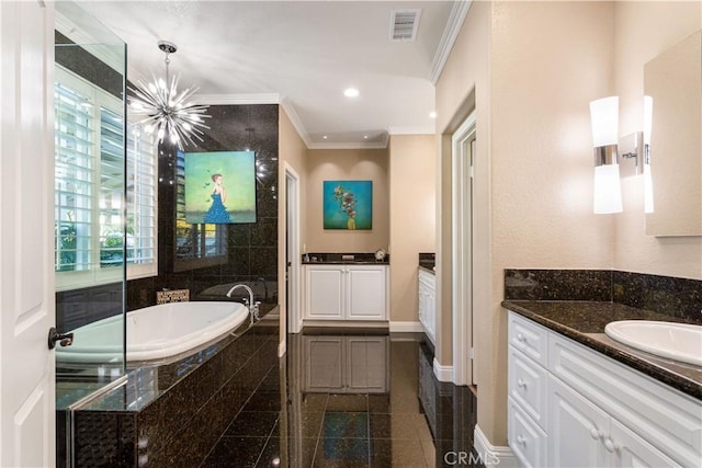 bathroom with visible vents, baseboards, ornamental molding, vanity, and granite finish floor