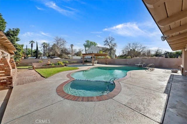 view of swimming pool featuring a fenced backyard, a fenced in pool, and a patio