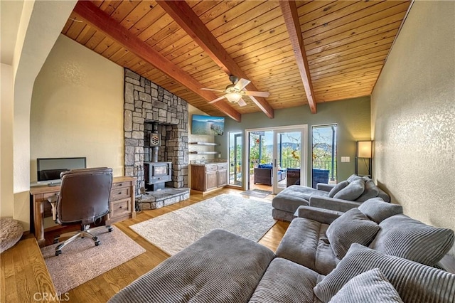 18945 Timber Point Rd, Hidden Valley Lake, CA 95467 - living room with ceiling fan, lofted ceiling with beams, a textured wall, wooden ceiling, and wood finished floors