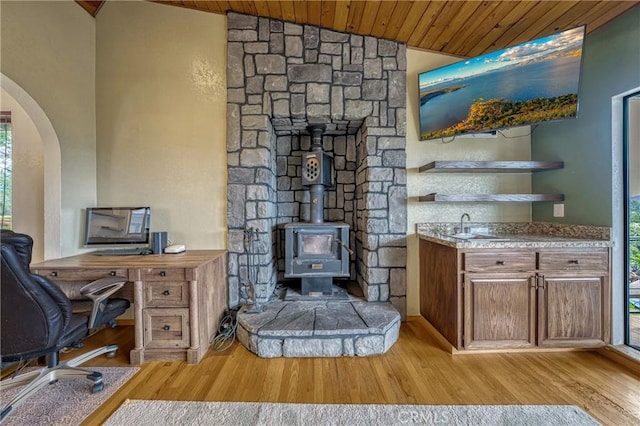 18945 Timber Point Rd, Hidden Valley Lake, CA 95467 - home office with a sink, light wood finished floors, arched walkways, and wooden ceiling