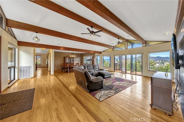 18945 Timber Point Rd, Hidden Valley Lake, CA 95467 - living room featuring a wealth of natural light, visible vents, lofted ceiling with beams, and light wood-type flooring