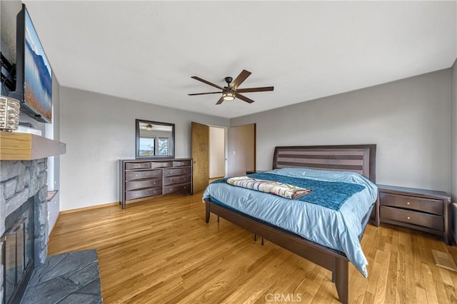 18945 Timber Point Rd, Hidden Valley Lake, CA 95467 - bedroom with ceiling fan, wood finished floors, and a glass covered fireplace