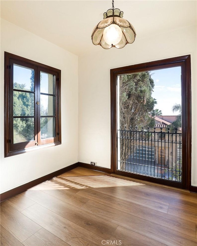 empty room featuring baseboards, a wealth of natural light, and wood finished floors