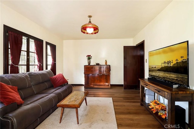 living area featuring baseboards and dark wood-style flooring