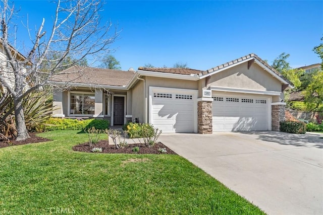 ranch-style home with concrete driveway, stone siding, an attached garage, a front lawn, and stucco siding