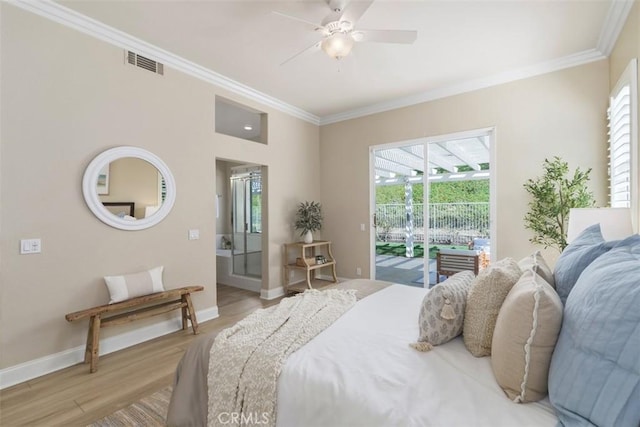 bedroom with light wood-style flooring, multiple windows, visible vents, and access to exterior