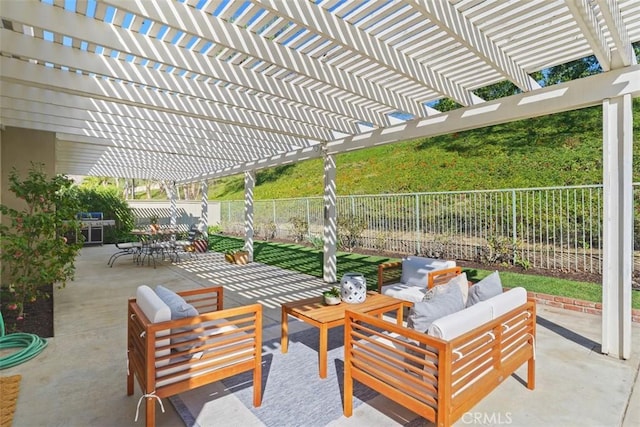 view of patio / terrace with outdoor dining area, a fenced backyard, and an outdoor living space