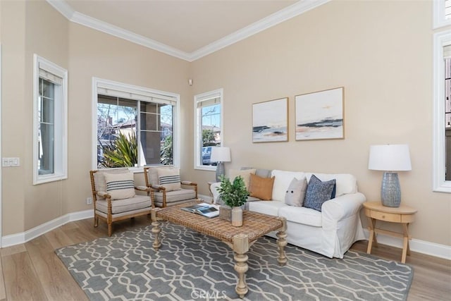 living area featuring ornamental molding, baseboards, and wood finished floors