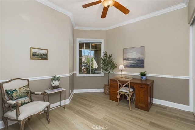 office with light wood-type flooring, baseboards, ornamental molding, and ceiling fan