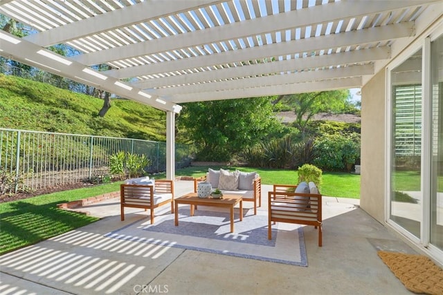 view of patio with a fenced backyard and outdoor lounge area