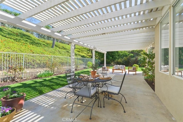 view of patio / terrace with outdoor dining area, outdoor lounge area, and a fenced backyard