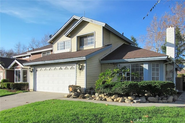 view of front of home with a garage, concrete driveway, and a chimney