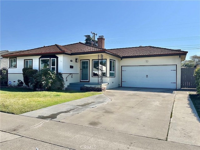 single story home with concrete driveway, a tile roof, a chimney, an attached garage, and stucco siding