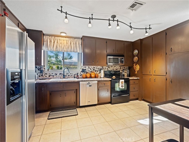 kitchen featuring a sink, visible vents, light countertops, appliances with stainless steel finishes, and tasteful backsplash