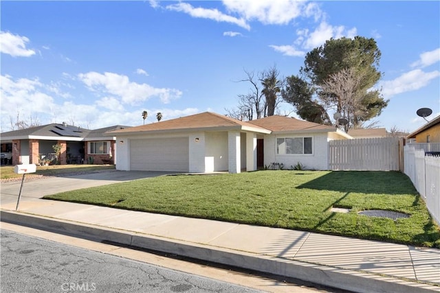 ranch-style home with brick siding, fence, concrete driveway, a front yard, and an attached garage