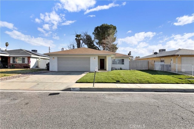 ranch-style house featuring brick siding, an attached garage, fence, driveway, and a front lawn