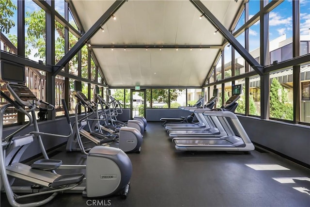 workout area featuring high vaulted ceiling