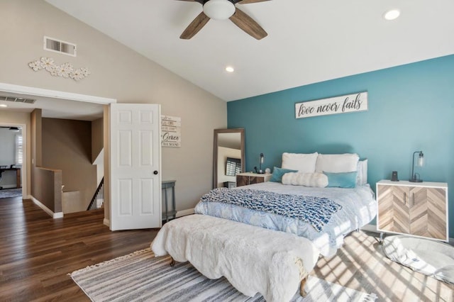 bedroom featuring dark wood-type flooring, recessed lighting, visible vents, and baseboards