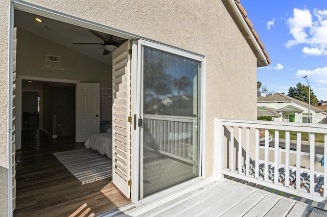 exterior space with visible vents and a ceiling fan