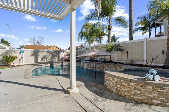 view of swimming pool with a fenced in pool, an in ground hot tub, a fenced backyard, and a pergola