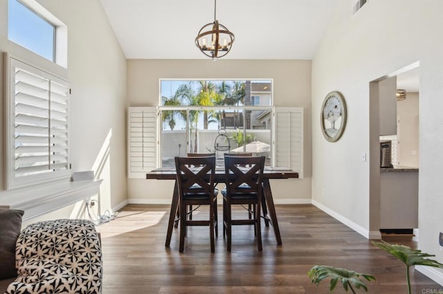 dining space featuring lofted ceiling, dark wood-type flooring, visible vents, and baseboards