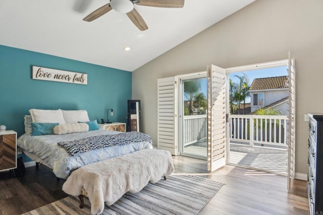 bedroom with lofted ceiling, a ceiling fan, wood finished floors, access to outside, and baseboards