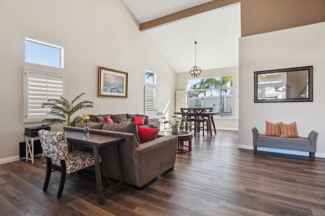 living room featuring high vaulted ceiling, baseboards, dark wood finished floors, and beam ceiling