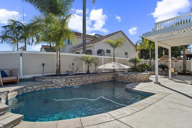 view of pool featuring a fenced in pool, a patio, a fenced backyard, an in ground hot tub, and a pergola