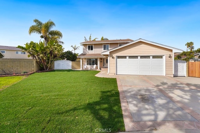 traditional home featuring concrete driveway, a front yard, a gate, fence, and a garage