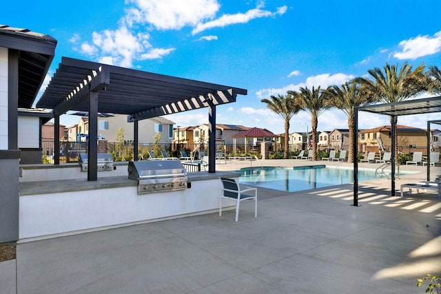 36540 Diego Springs Ave, Murrieta, CA 92563 - community pool with fence, a pergola, grilling area, an outdoor kitchen, and a residential view
