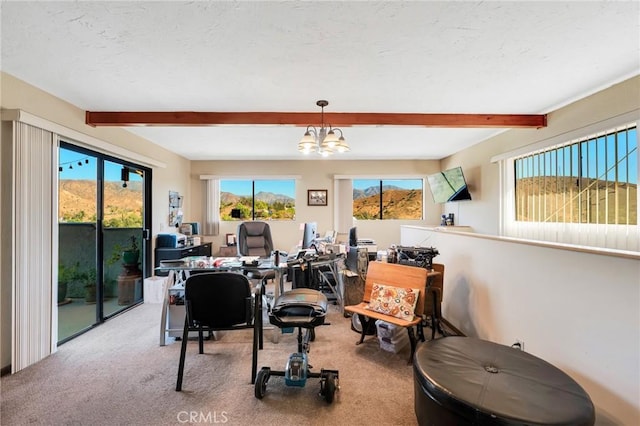 office space featuring a textured ceiling, carpet flooring, beam ceiling, and a notable chandelier