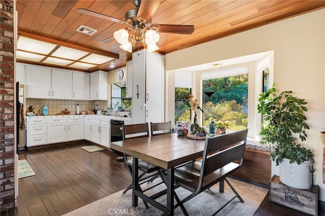 dining space featuring wood ceiling, visible vents, ceiling fan, and dark wood-style flooring