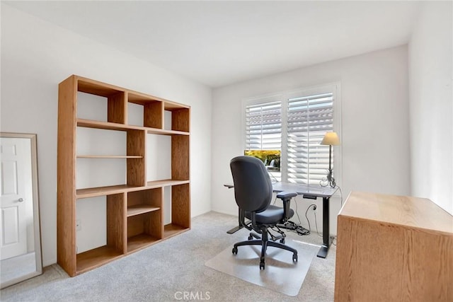 office area featuring light carpet