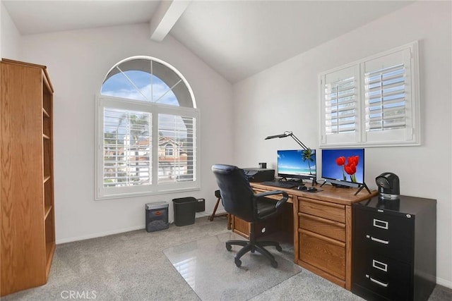 office space with vaulted ceiling with beams, baseboards, and light colored carpet