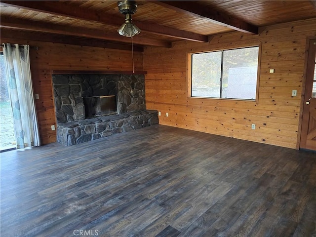 unfurnished living room with wooden ceiling, wooden walls, wood finished floors, and beamed ceiling