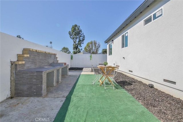 view of yard featuring a patio area and a fenced backyard