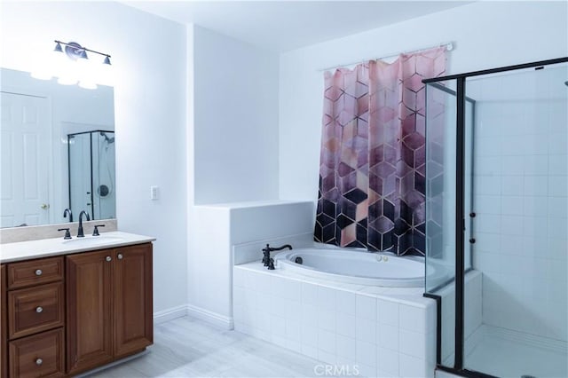 1594 Margit St, Redlands, CA 92374 - full bath with a stall shower, a bath, vanity, and baseboards