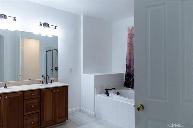 1594 Margit St, Redlands, CA 92374 - bathroom featuring a bath, a shower with door, double vanity, and a sink