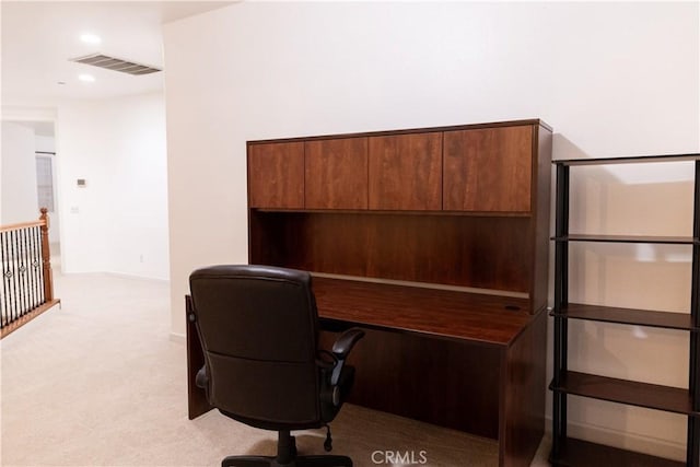 1594 Margit St, Redlands, CA 92374 - home office with visible vents, light colored carpet, and recessed lighting