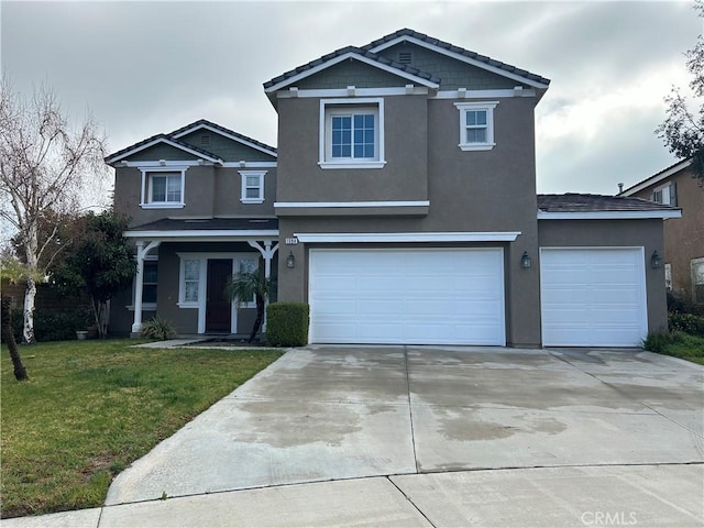 1594 Margit St, Redlands, CA 92374 - traditional-style house featuring a front lawn, driveway, an attached garage, and stucco siding